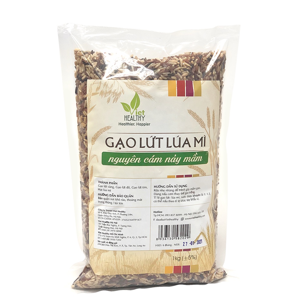Gạo lứt nguyên cám nảy mầm 1kg Viet Healthy, Gạo lứt lúa mì Viethealthy