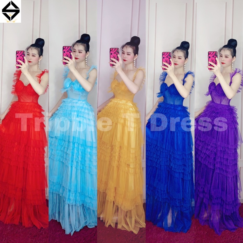 Đầm xoè dáng midi TRIPBLE T DRESS 2 dây nhún phồng xếp tầng - Size M/L - MS172V
