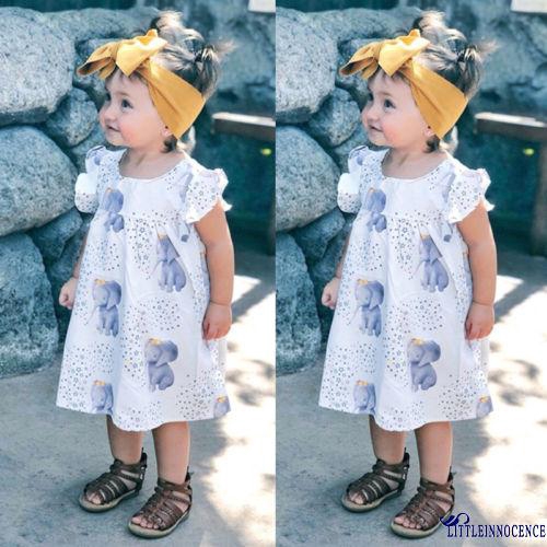 ❤XZQ-New 0-4 Years Baby Gilr´s White Elephant Printed Dress Tops Skirt Outfits Dresses