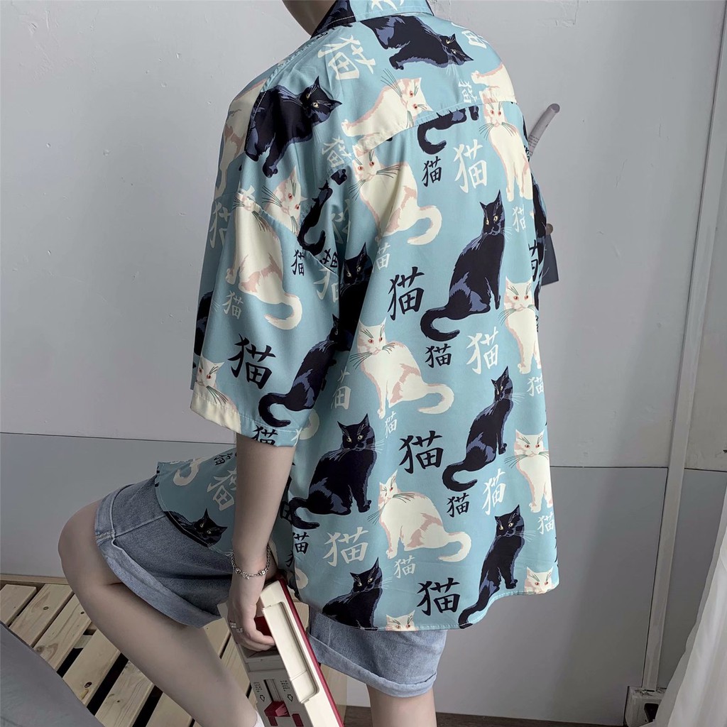 Áo Sơ Mi Nam Tay Ngắn In Hình Mèo Phong Cách Hawaii