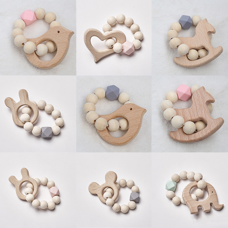 Bnvn 12# Wooden Rattle Beech Bear Hand Teething Ring Baby Rattles Play Stroller Toy Bnvv