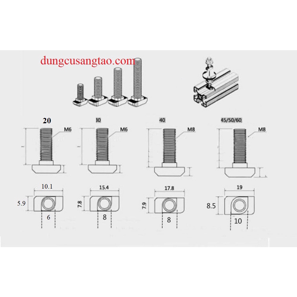 Ốc T screw cho nhôm định hình 2020 / 3030 / 4040  cao cấp