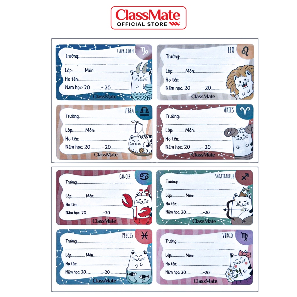 Nhãn vở có keo dán sẵn CLASSMATE Cat Zodiac 15 Cái/Túi CL-NT236