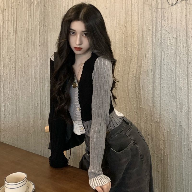 Áo cardigan dáng ngắn dệt kim phối màu sắc thời trang cho nữ