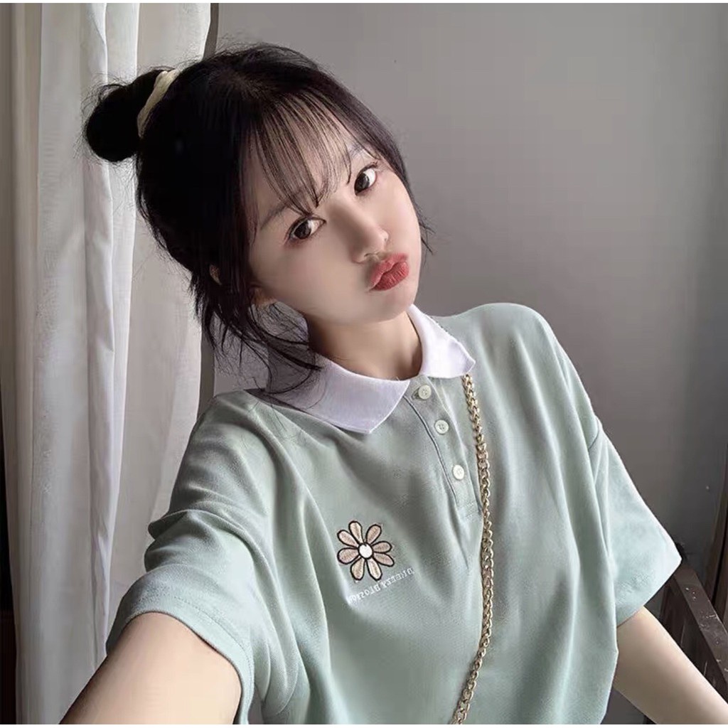 ÁO POLO MIX CỔ XANH TRẮNG THÊU HOA DAISY ULZZANG - ÁO THUN TAY LỠ CỔ BẺ ULLZANG