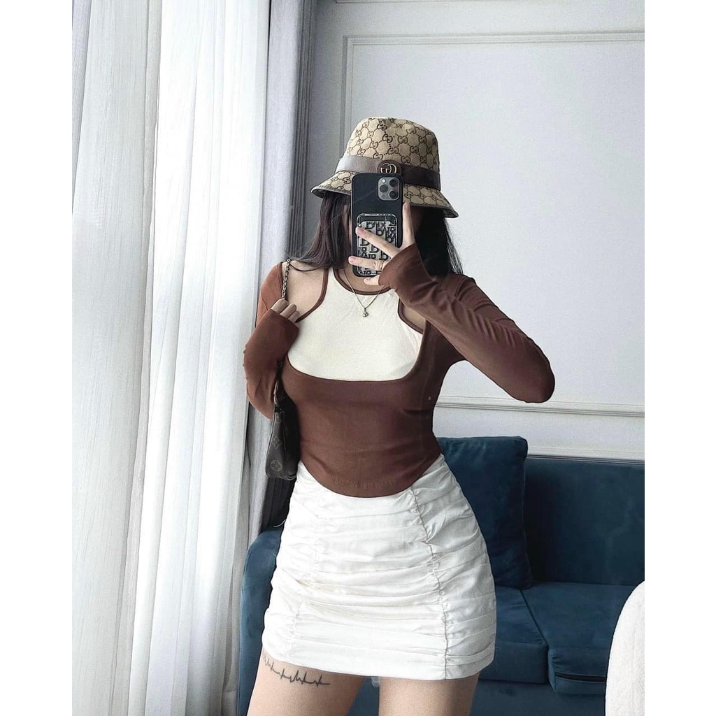 Áo len nữ thun zip dài tay phối cổ yếm L1 hot trend 2022