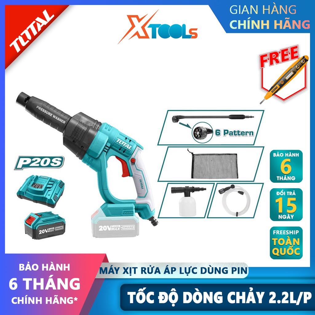 Máy xịt rửa xe cầm tay TOTAL TPWLI20084 Máy xịt rửa áp lực dùng pin Điện thế 20V Áp suất t 24.8 Bar Lưu lượng nước 2.2L/