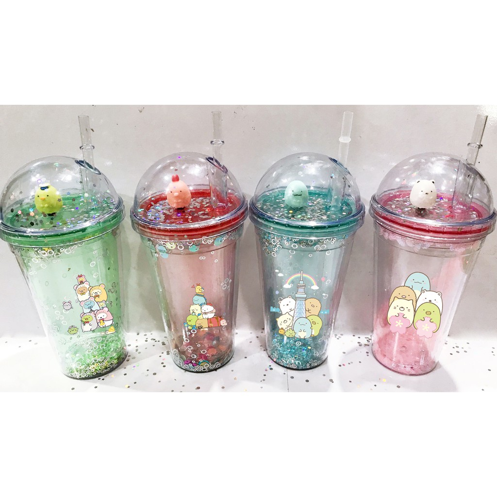 Cốc 2 lớp kim tuyến sumikko khủng long nắp cầu CNCKI5 cốc giữ nhiệt ly 2 lớp nắp cầu cốc làm lạnh dễ thương 500ml