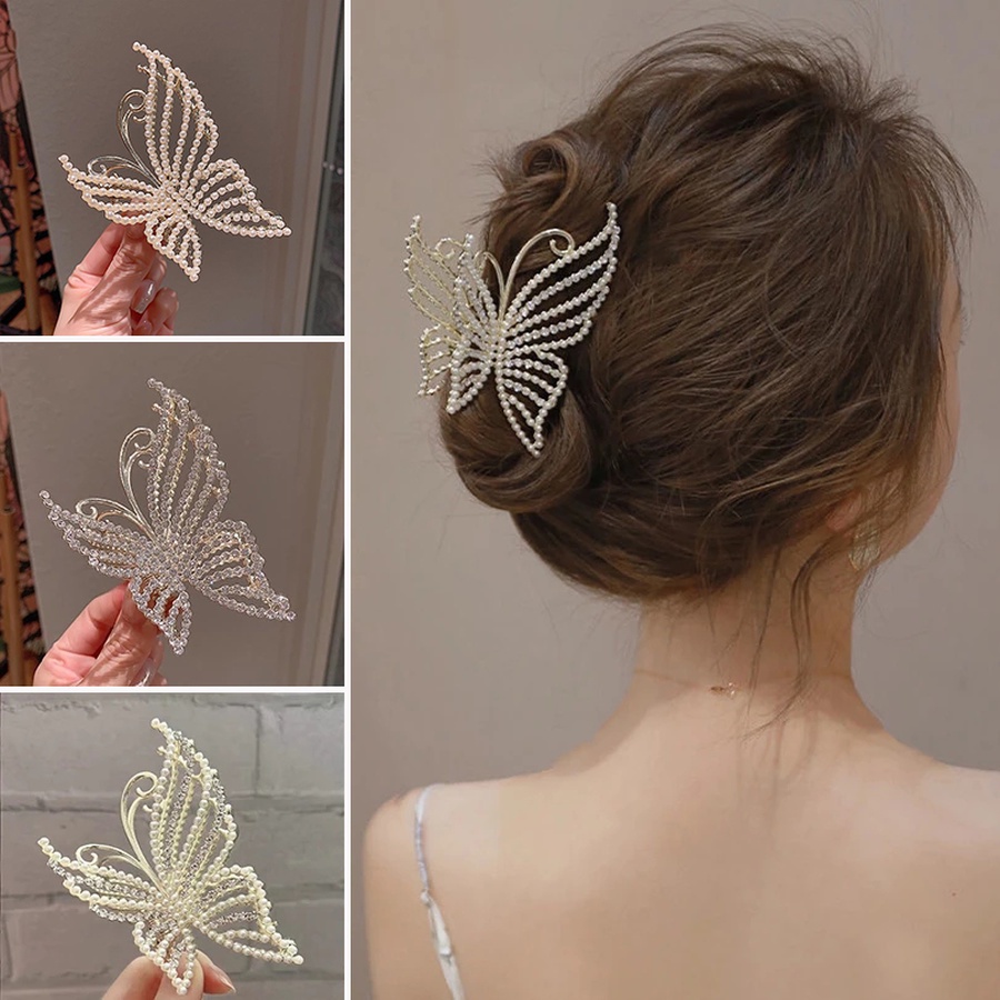 Haimeikang Thời trang Hàn Quốc Ngọc trai lớn Rhinestone Bướm nữ kẹp tóc