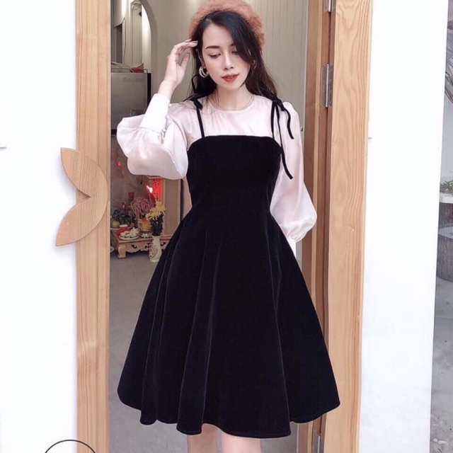Sét yếm váy cột dây phối áo trắng