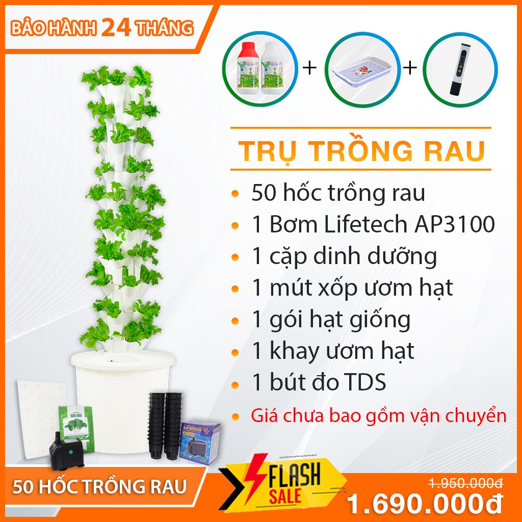 Trụ trồng rau Thủy Canh Bio - 50 hốc trồng rau, giữ nước và chống cúp điện phiên bản 2021