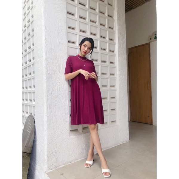 Đầm cổ cao thun gân dáng xoè AfterBefore