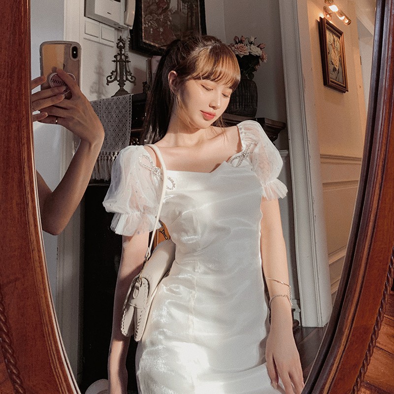 Đầm trắng dáng ôm Emilyshop tay lưới ngắn