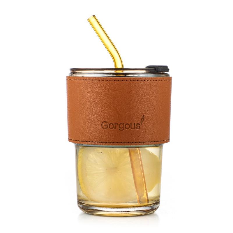 Cốc thủy tinh hổ phách 450ml, kèm ống hút siêu cute _ Như Trang Plaza