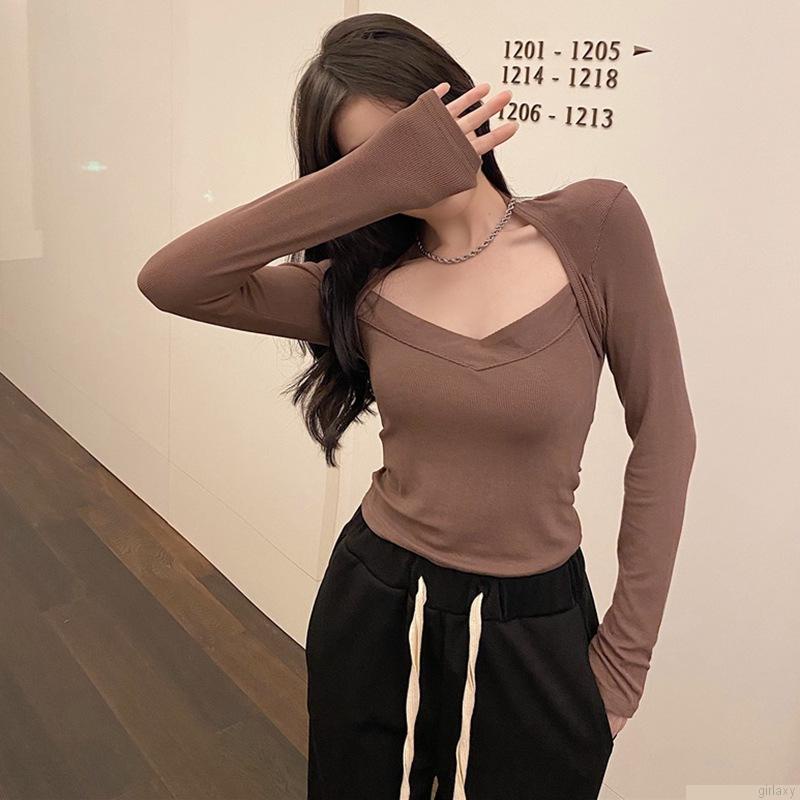 Áo thun tay dài cổ vuông màu sắc retro quyến rũ cho nữ