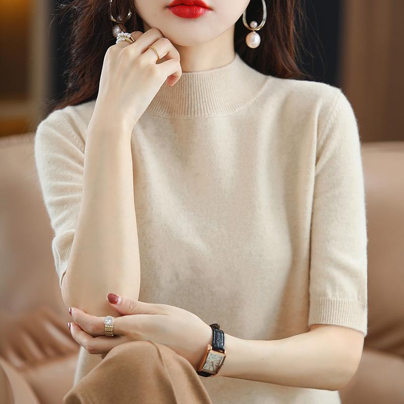 Áo Thun Dệt Kim Mỏng Tay Lửng Cổ Cao Thời Trang Xuân Thu Cho Nữ#10.15