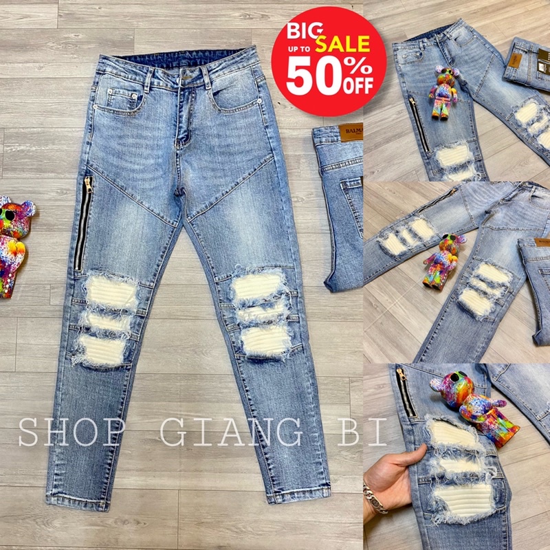 Quần jean vá da nhăn mikenco,quần bò mikenco vá da nhăn màu trắng dáng slimfit