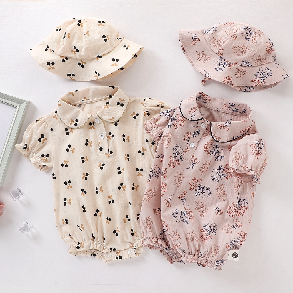 Set 2 món gồm romper + mũ cotton mềm thời trang mùa hè đáng yêu cho bé