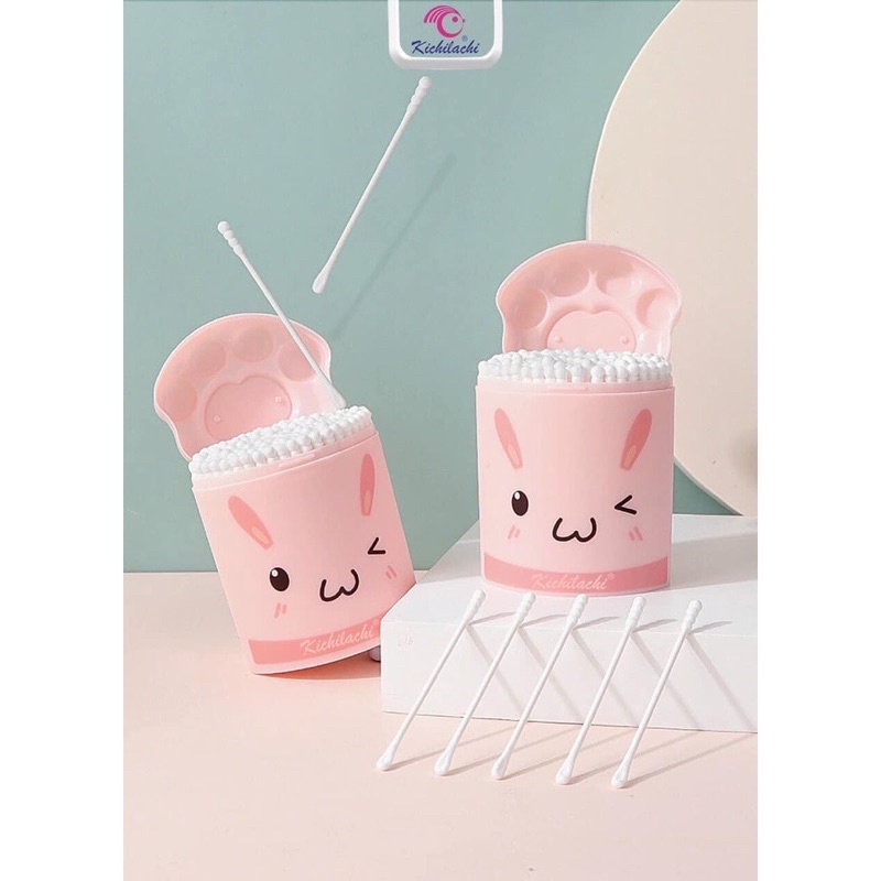 Tăm bông sơ sinh Hộp hình Lợn Hồng Kichilachi thân giấy, bông ngoáy tai trẻ em hộp 200 que