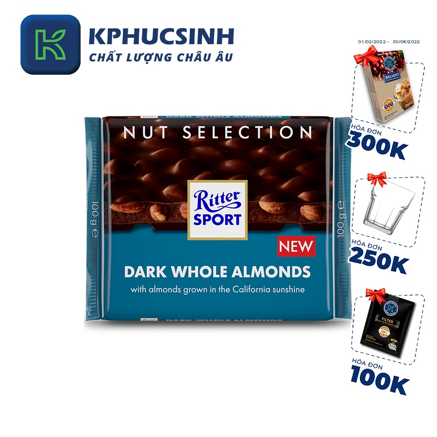 SÔ CÔ LA ĐEN NHÂN HẠNH NHÂN HIỆU RITTER SPORT 100G KPHUCSINH - Hàng Chính Hãng