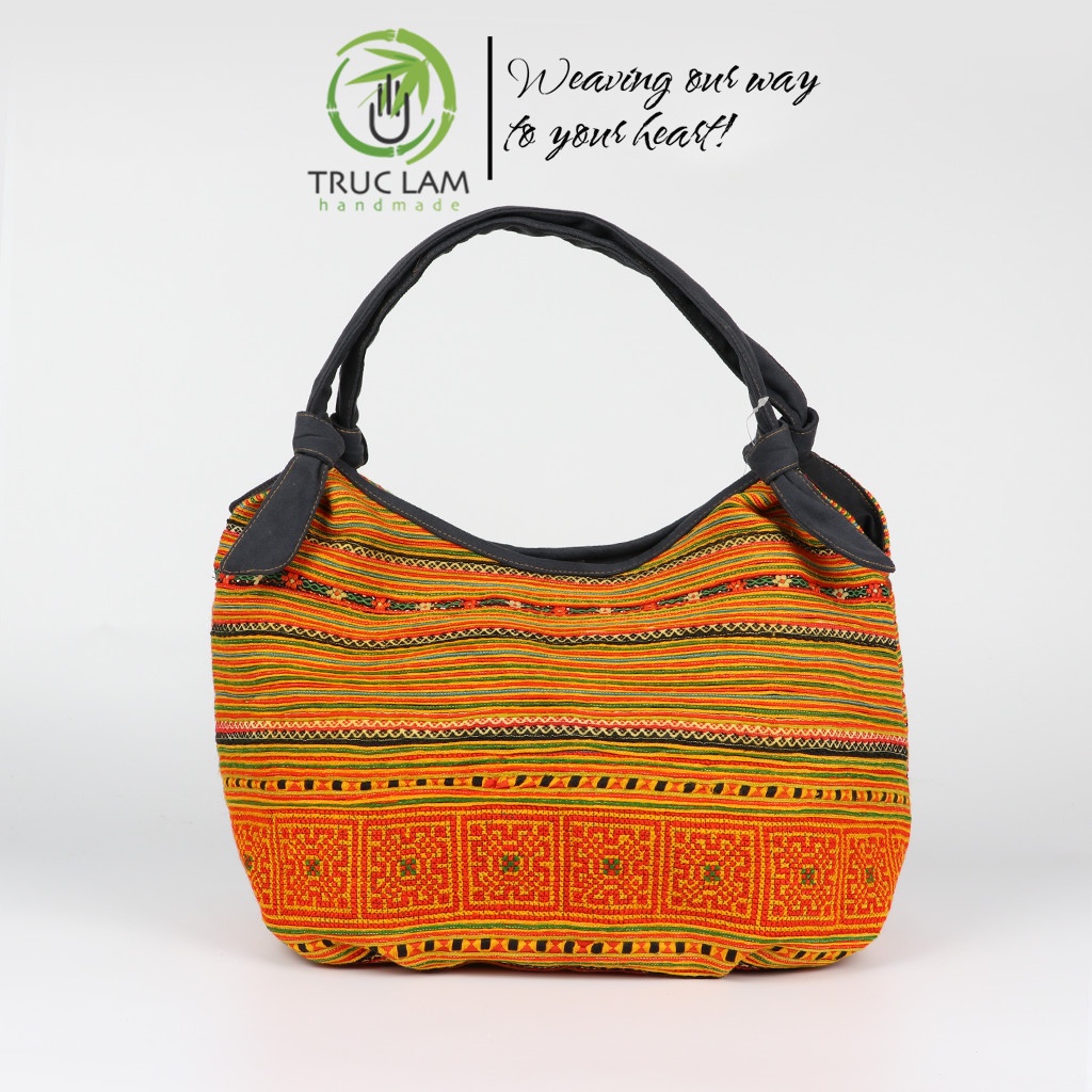 Túi Xách Tay Thời Trang Nữ Vải Thổ Cẩm Thêu Tay Phối Vải Da Lộn Size Lớn - Trúc Lâm Handmade