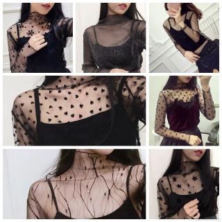 Áo lưới xuyên thấu cổ cao dài tay thời trang cho nữ