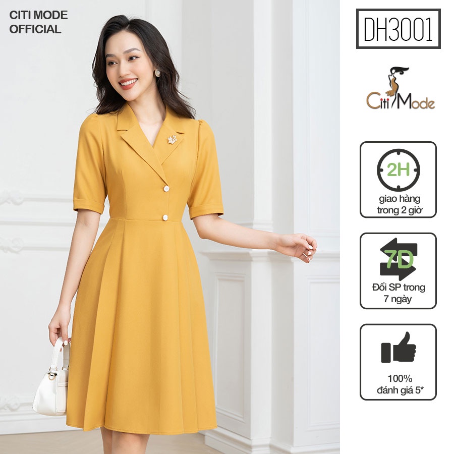 Đầm xòe công sở vàng cổ bẻ ve cao cấp chất vải co giãn DH3001