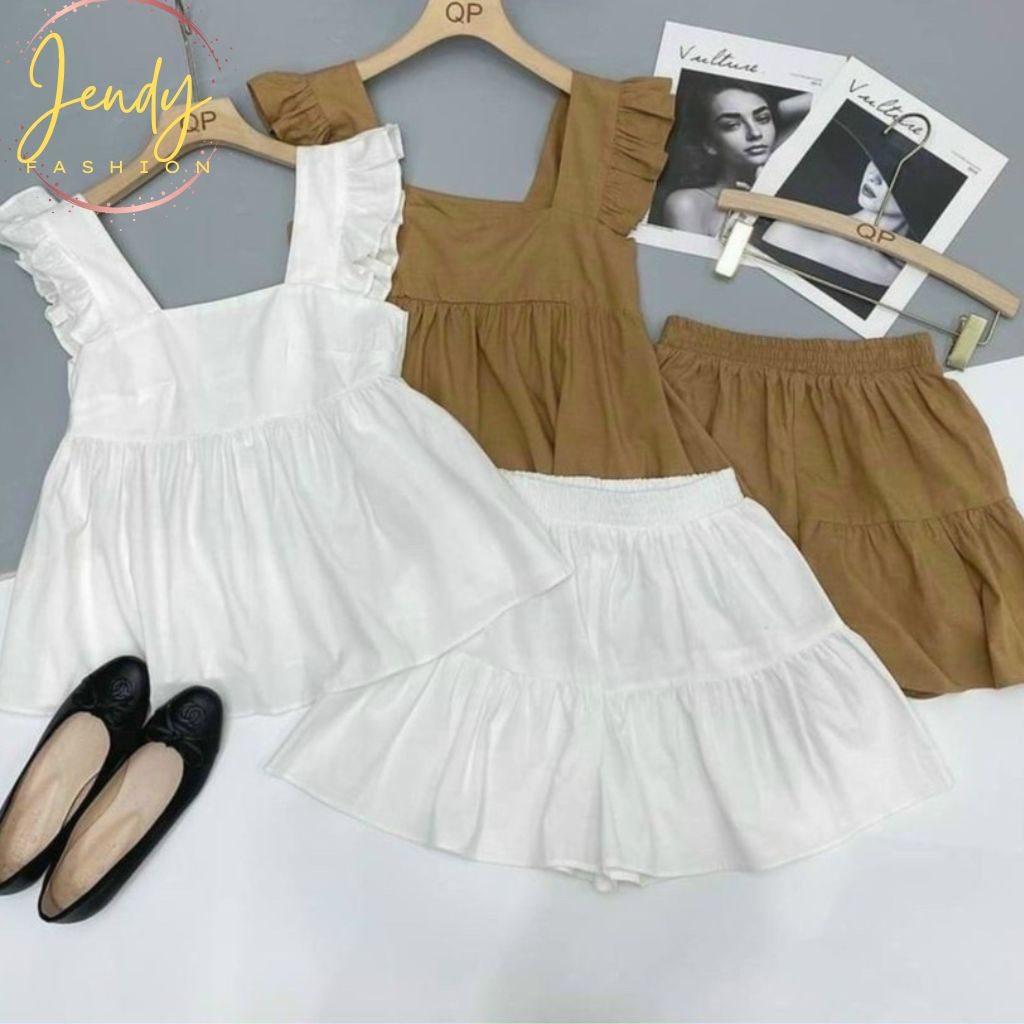 Set Bộ Nữ Áo Babydoll Dáng Cánh Tiên Kèm Quần Short Siêu Đẹp, Bộ Nữ Đũi Mix Quần Thiết Kế Tiểu Thư, JENDY FASHION, BCT