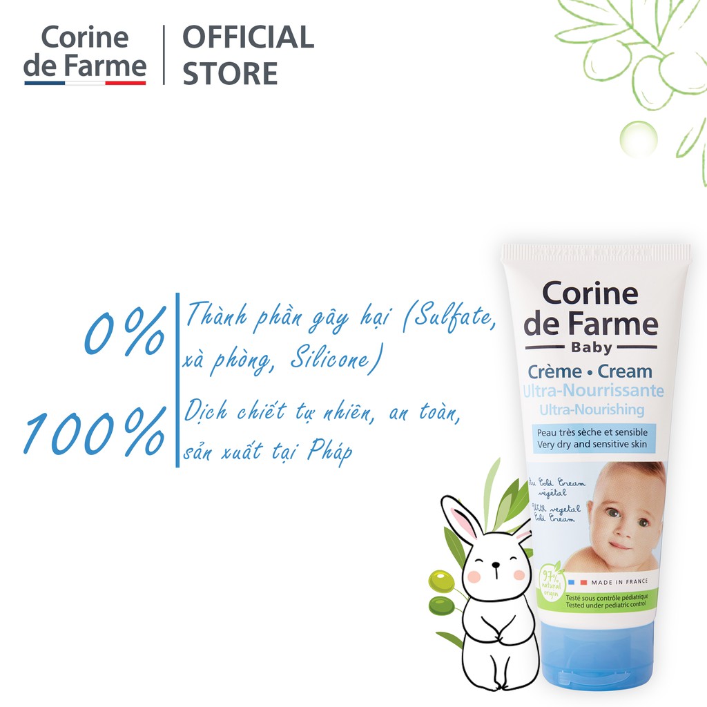 [Mã FMCGM50 - 8% đơn 250K] Kem dưỡng ẩm và làm mềm dịu da cho bé Corine de Farme Ultra-Nourishing Cream 100ml