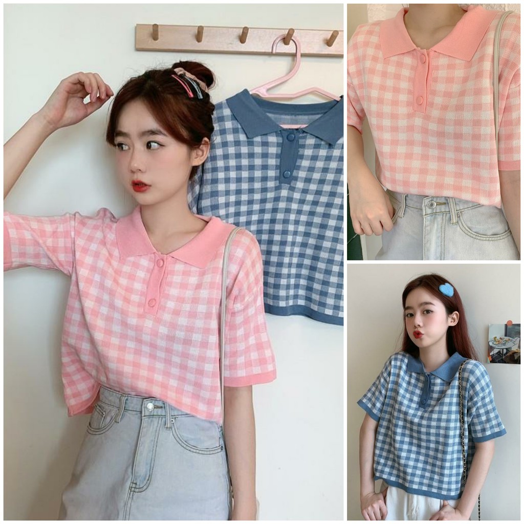 [SẴN] Áo len croptop tay lở cổ bẻ caro ulzzang polo len dệt kim phom rộng POLO