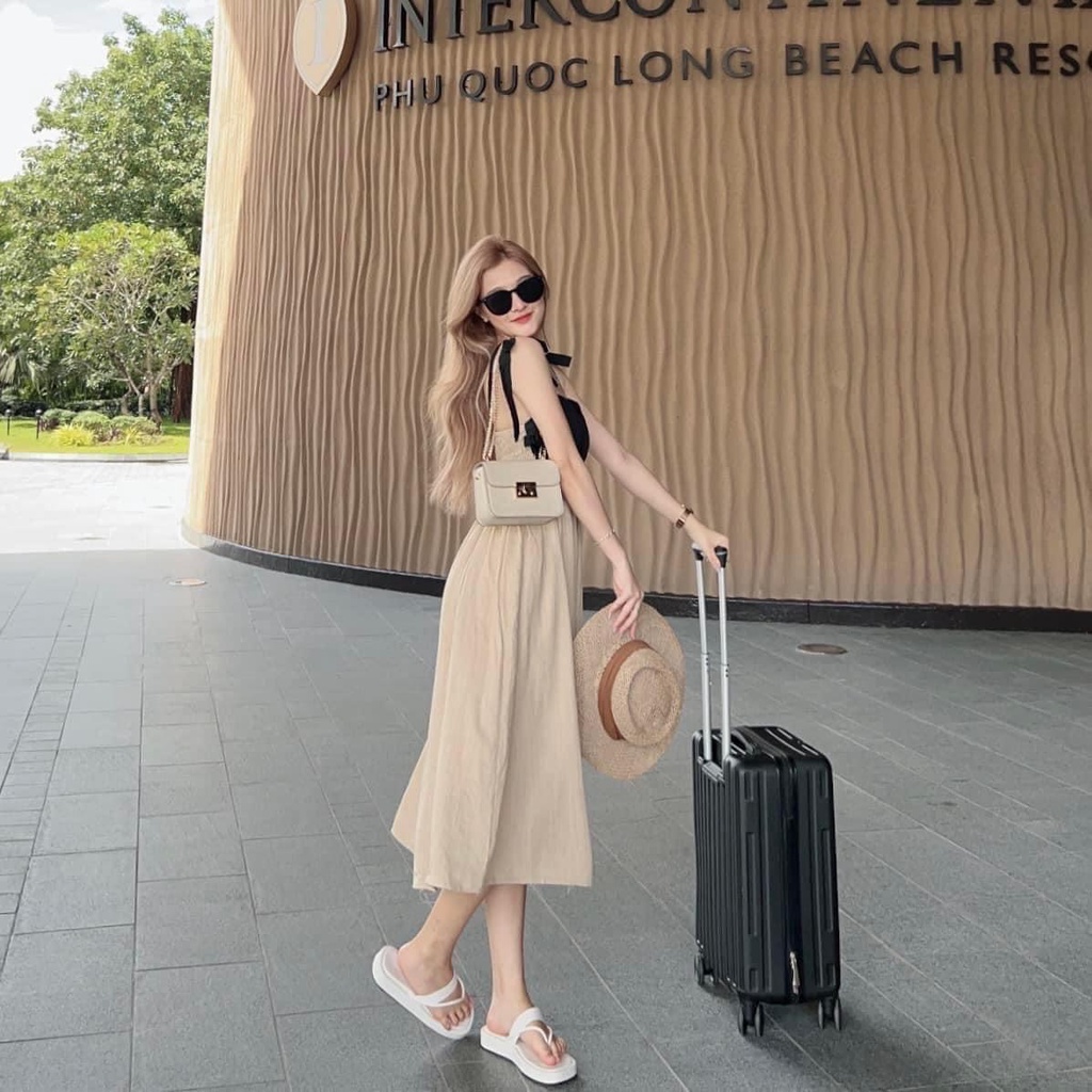 💃 Đầm Maxi 2 Dây Nữ Thân Phối Màu Trái Tim Lưng Thun Dáng Dài Vải Đũi
