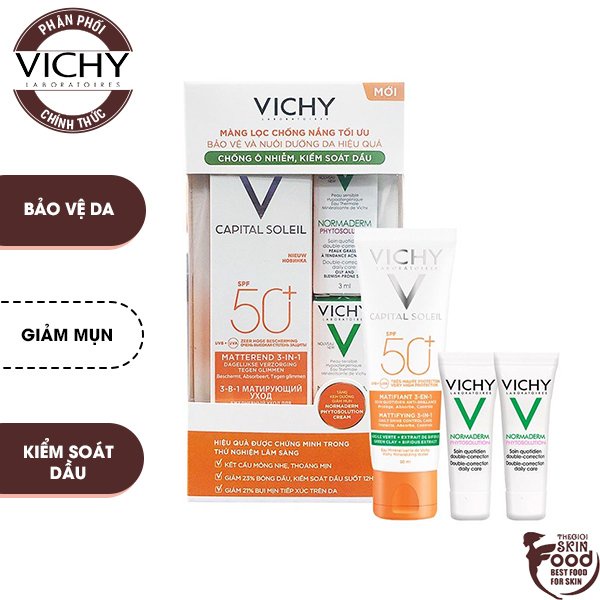 Bộ Kem Chống Nắng Vichy Capital Soleil Mattifying 3-In-1 SPF50+ Và Kem Giảm Mụn Vichy Normaderm Phytosolution Cream