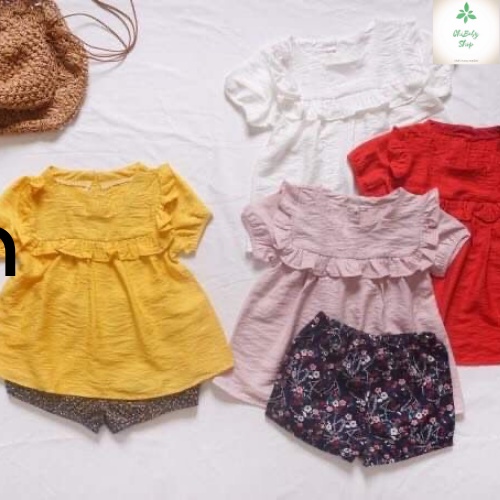 (Ảnh thật) Bộ đũi bèo ngực, Quần Thô Hoa Kèm Turban (1-8 tuổi)