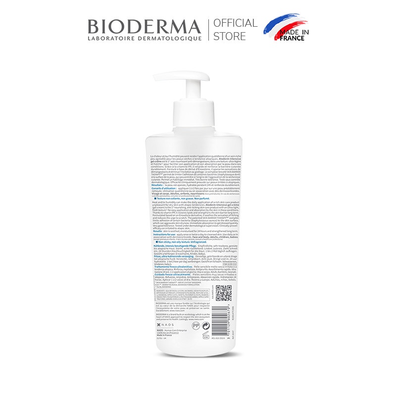 Kem gel dưỡng ẩm và làm dịu dạng gel cho da khô , da rất khô Bioderma Atoderm Intensive gel-crème 500ml