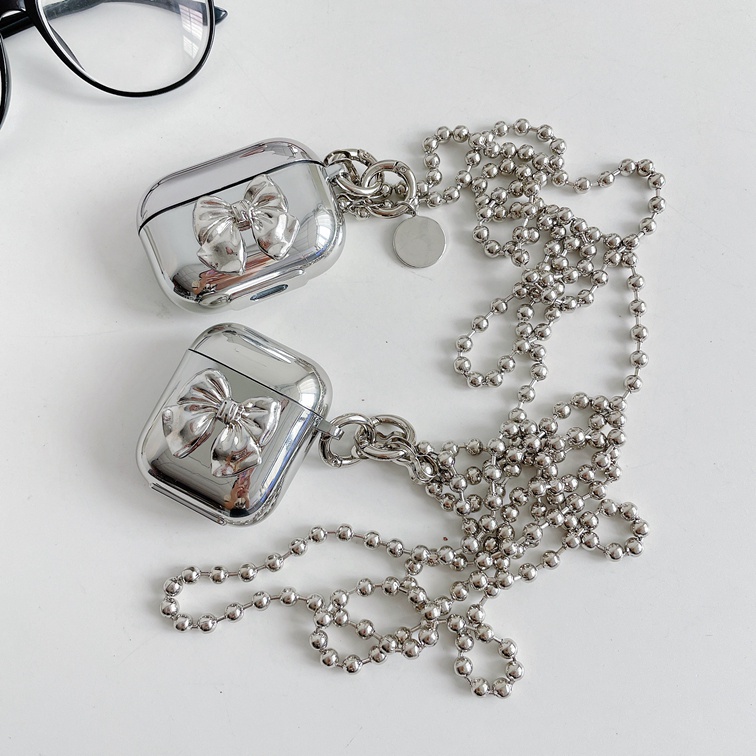 Thời Trang Vỏ Bảo Vệ Hộp Sạc Tai Nghe airpods pro gen 2 1 2 3 pro Hình Nơ Bằng tpu Mềm Mạ Điện Phối Dây Xích Dài