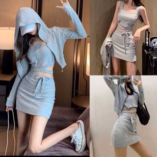 SET Áo khoác thun + Áo croptop ba lỗ ôm + Chân váy ngắn thể thao ulzzang