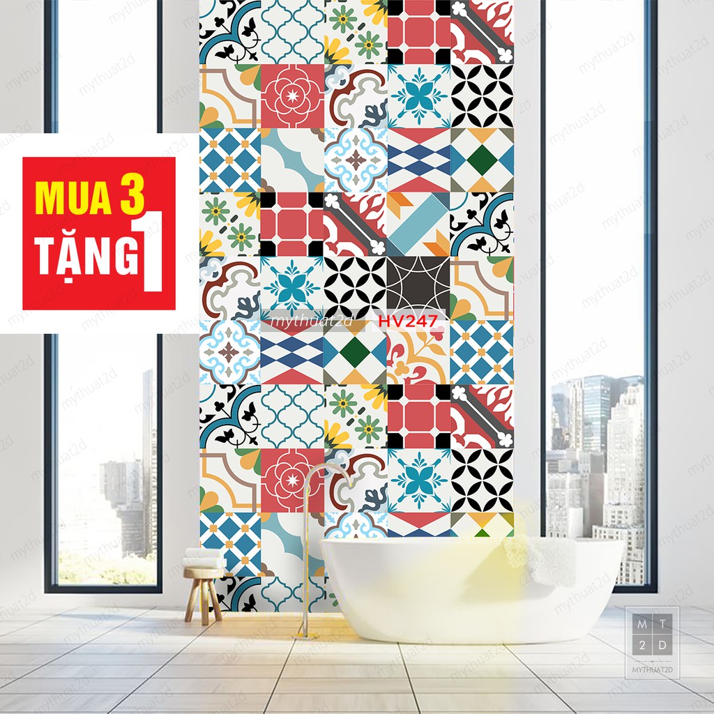 Decal gạch bông dán nhà tắm, bếp, tường, màu Warm color, 120x60cm/set, Mua 3 Tặng 1