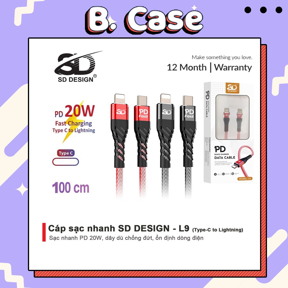 Cáp sạc nhanh 20w chính hãng SD Design L9, chân sạc USB C Sang Lighting dây dù chống đứt cho ip 6 đến 13 pro max