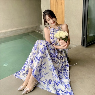 Loose ruffled pleated blue and white porcelain halterneck dress
