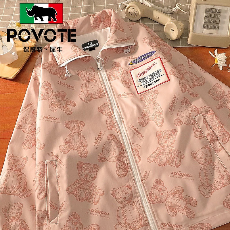 Áo Khoác Chống Nắng Dáng Rộng Cổ Đứng In Họa Tiết Gấu Kiểu vintage Thời Trang Mùa Hè Cho Nam