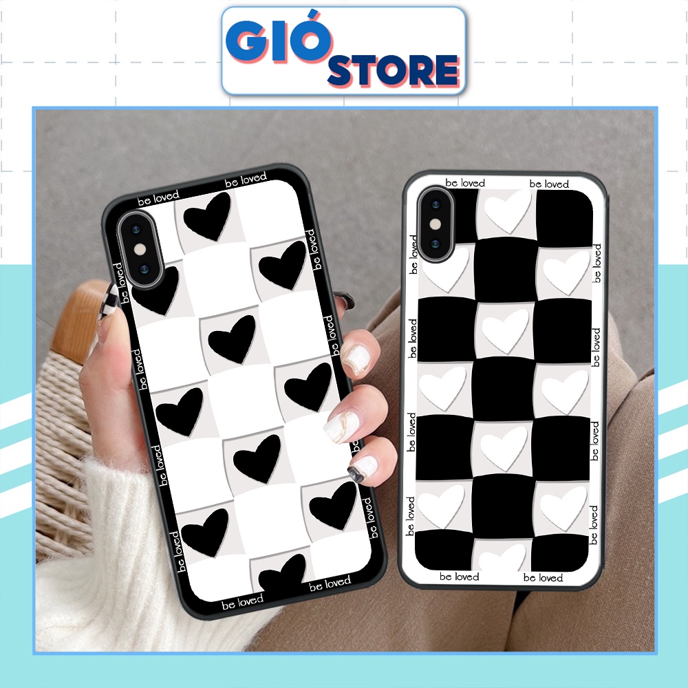 Ốp lưng IP x/ xs/ xs max/ xr trái tim, hoạ tiết kẻ caro đen trắng thời trang
