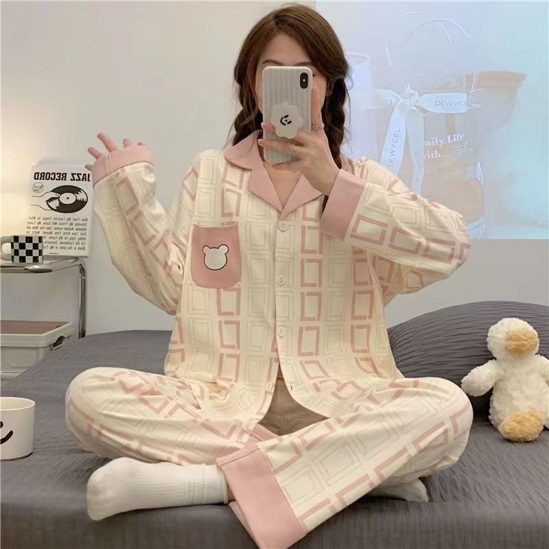 Bộ Đồ Ngủ Tay Dài In Hình Chú Gấu Nhỏ Gongge Màu Hồng Xinh Đẹp Thời Trang Mùa Thu Mới Dành Cho Bạn Nữ Mặc Ở Nhà