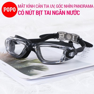Kính bơi người lớn mắt trong cho nam nữ POPO1940T cản tia UV hạn chế sương mờ, có bịt tai