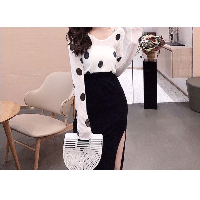Sét váy chấm bi áo chất liệu giấy mềm chân váy sạn tàu - HÀNG XỊN - SHOP Q&amp;V