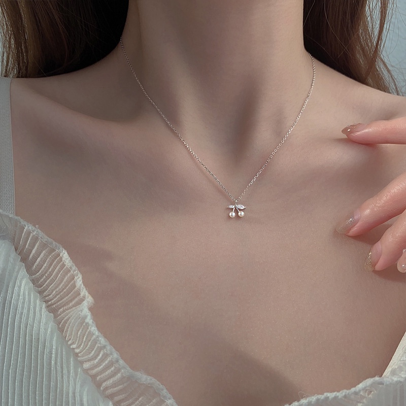 Vòng cổ Mạ Bạc 925 Hình Trái Cherry Đính Ngọc Trai Sang Trọng Cho Nữ