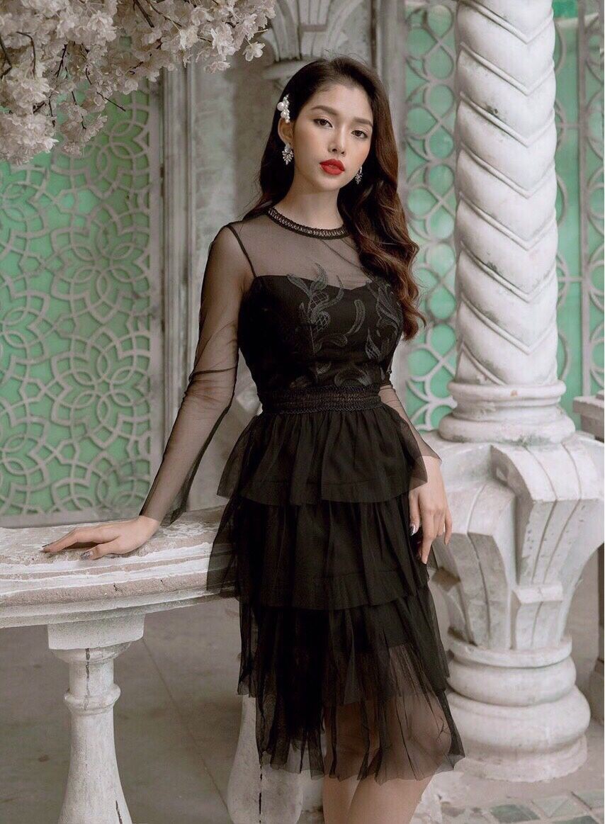 ĐẦM REN ĐEN CÔNG SỞ CỔ TRÒN  - D343