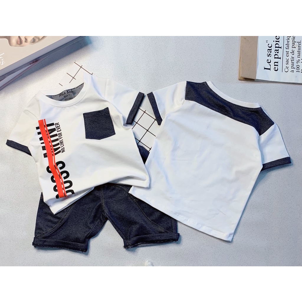 Set Đồ bộ bé trai Áo thun ngắn tay cotton 100% co giản 4 chiều phối túi giả jean Quần thun cotton giả jean từ 8-37kg