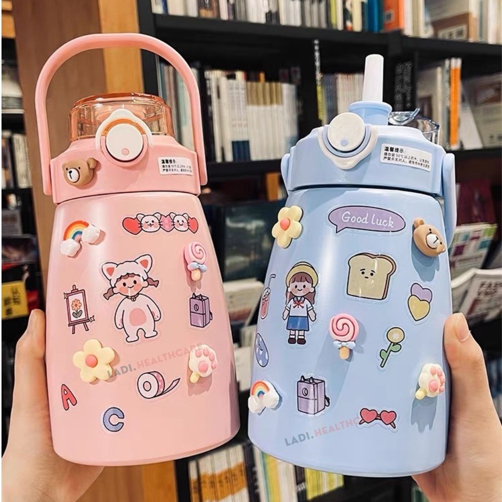 Bình giữ nhiệt 1000ml LADI tặng Sticker, inox 304 giữ nhiệt 12h, bình nước giữ nhiệt 1 lít cho bé có ống hút cute