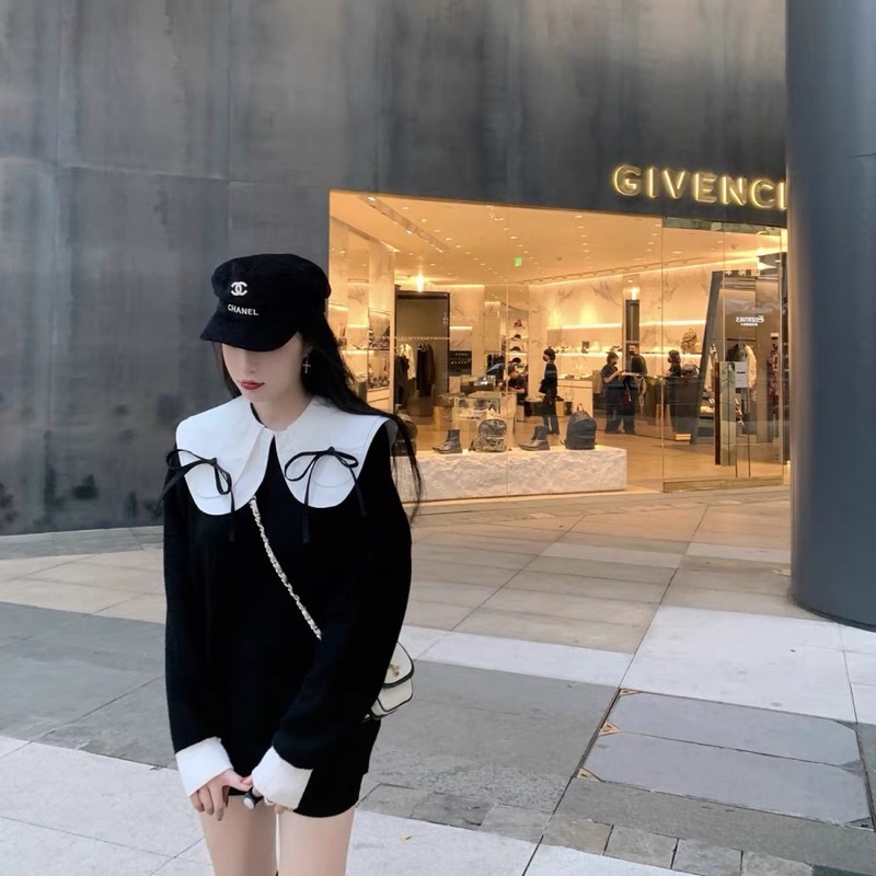 ÁO SWEATER ĐEN PHỐI NƠ BÈO CỔ BASIC PHONG CÁCH HÀN QUỐC L