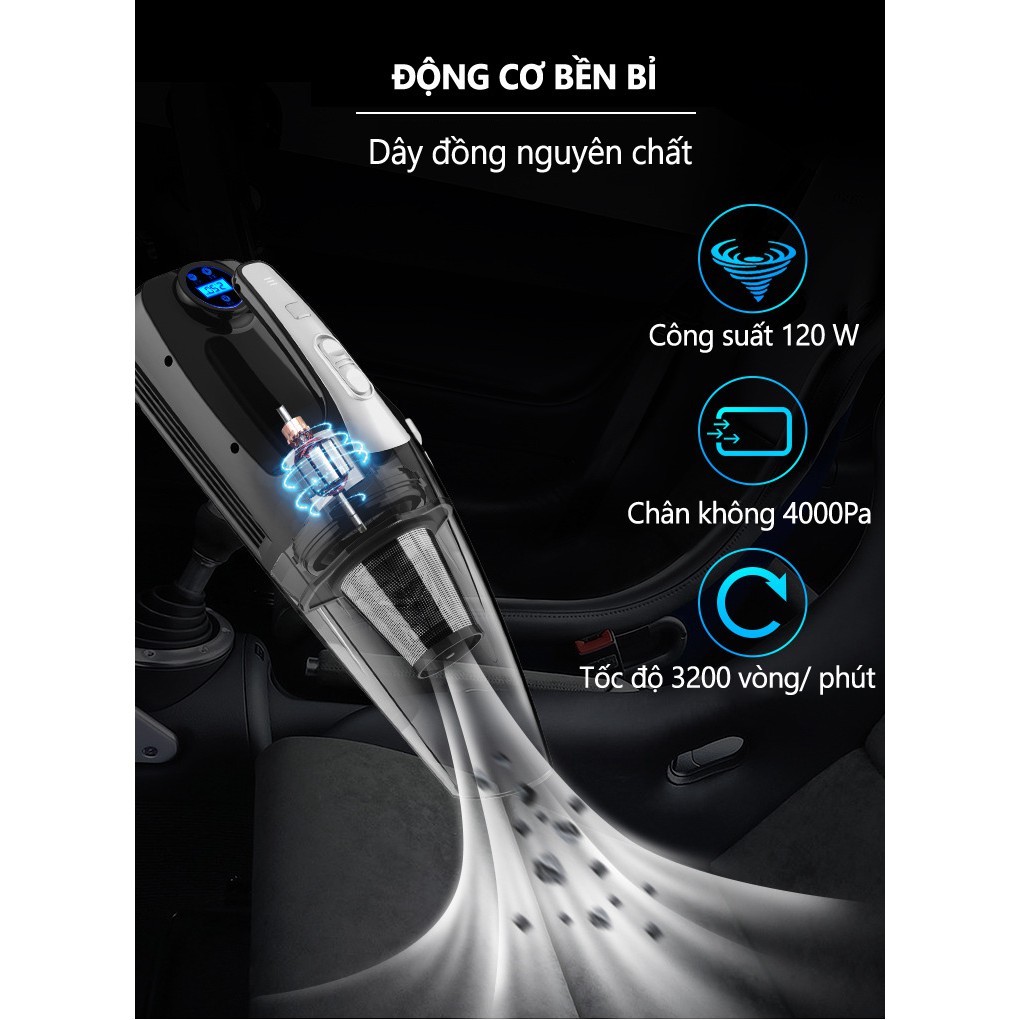 [HOT HOT] Máy hút bụi cầm tay kiêm bơm lốp xe cao cấp 120W R6055, Máy hút bụi mini đa năng 4 in 1 bơm lốp xe ô tô, xe hơ